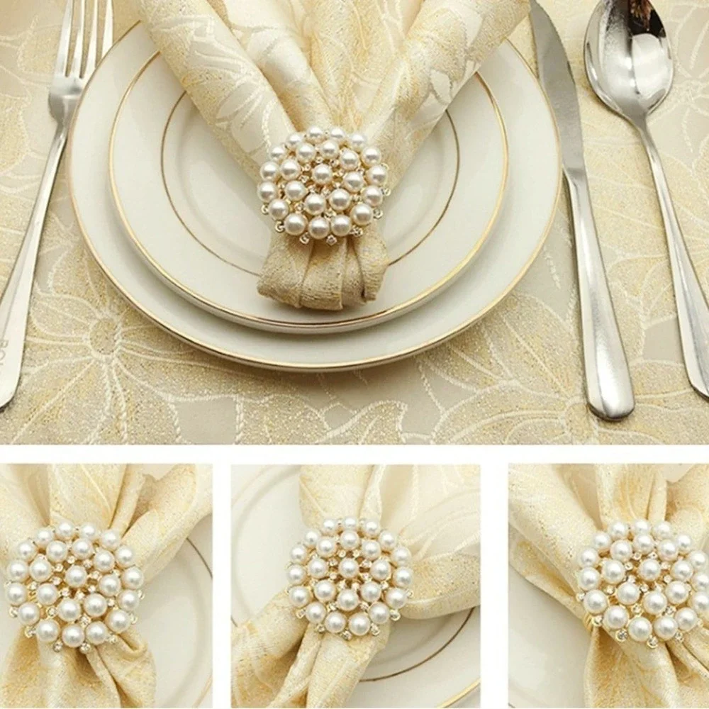 ✨✨✨ PEARL GOLD RHINESTONE NAPKIN RINGS WEDDING PARTY FANCY 12 PIECE SET 👀👀👀